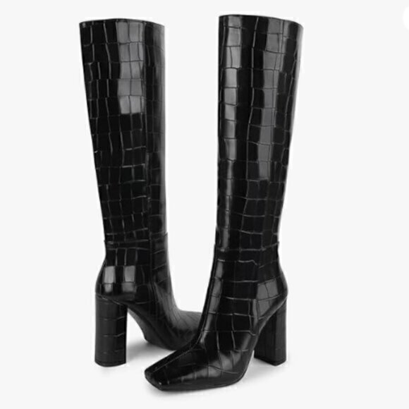 ISNOM  Boots Women's 6 Knee High Black Crocodile, Square Toe Chunky Heel - Picture 1 of 10